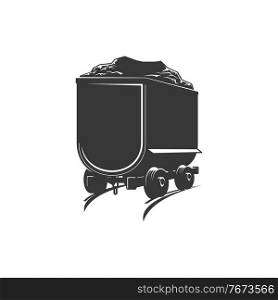 Barrow track on railroad rails, quarry machinery transport isolated monochrome icon. Vector rocks transportation cart, mine coal trolley on railroad. Mining equipment, wagon with minerals rock stones. Mining railroad trolley with coal or rock isolated