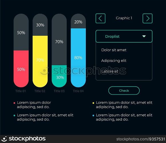 Bars and percentage UI element template. Editable isolated vector dashboard component. Flat user interface. Visual data presentation. Web design widget for mobile application with dark theme. Bars and percentage UI element template