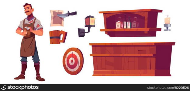 Bartender and old tavern interior with wooden bar counter, shelf with bottles, lantern and beer mug. Vector cartoon man waiter in vintage saloon, darts target and paper pinned by knife. Bartender and old tavern interior set