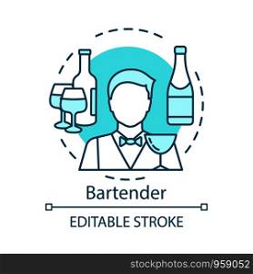 Bartender concept icon. Barman, barkeeper idea thin line illustration. Restaurant, bar staff. Catering business. Wine, alcoholic beverage in bottle. Vector isolated outline drawing. Editable stroke