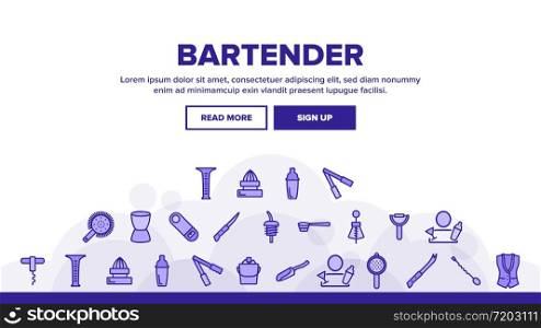 Bartender Equipment Landing Web Page Header Banner Template Vector. Bartender Shaker And Bucket With Ice, Opener And Corkscrew, Juicer And Spoon Illustrations. Bartender Equipment Landing Header Vector