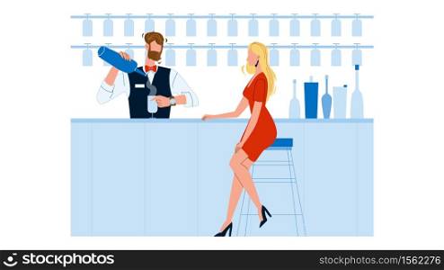 Bartender Expert Making Cocktail For Woman Vector. Young Bartender Make Mixing Alcoholic Or Non-alcoholic Drink For Bar Client. Characters Barman And Customer Flat Cartoon Illustration. Bartender Expert Making Cocktail For Woman Vector