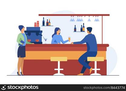 Bartender giving glass of beer to male client. Drink, administrator, bar counter flat vector illustration. Alcohol beverages and service concept for banner, website design or landing web page