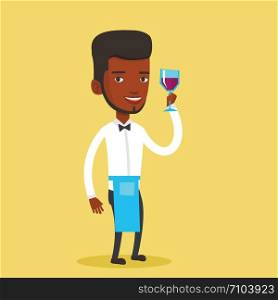 Bartender holding a glass of wine in hand. Bartender at work. Waitress looking at glass of red wine. African-american bartender examining wine in glass. Vector flat design illustration. Square layout.. Bartender holding a glass of wine in hand.
