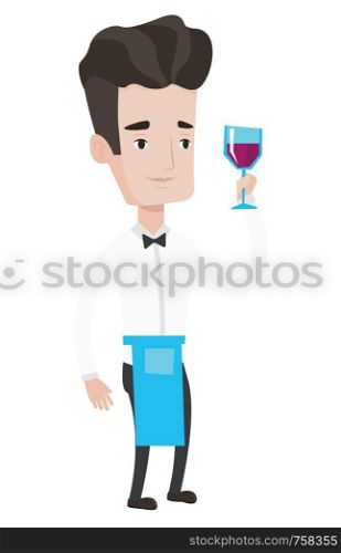 Bartender holding a glass of wine in hand. Bartender at work. Bartender looking at glass of red wine. Bartender examining wine in glass. Vector flat design illustration isolated on white background.. Bartender holding a glass of wine in hand.