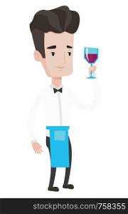 Bartender holding a glass of wine in hand. Bartender at work. Bartender looking at glass of red wine. Bartender examining wine in glass. Vector flat design illustration isolated on white background.. Bartender holding a glass of wine in hand.
