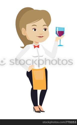 Bartender holding a glass of wine in hand. Bartender at work. Waitress looking at glass of red wine. Bartender examining wine in glass. Vector flat design illustration isolated on white background.. Bartender holding a glass of wine in hand.