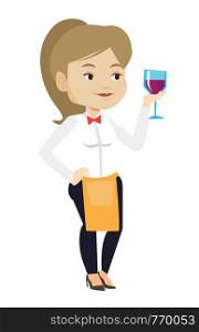 Bartender holding a glass of wine in hand. Bartender at work. Waitress looking at glass of red wine. Bartender examining wine in glass. Vector flat design illustration isolated on white background.. Bartender holding a glass of wine in hand.
