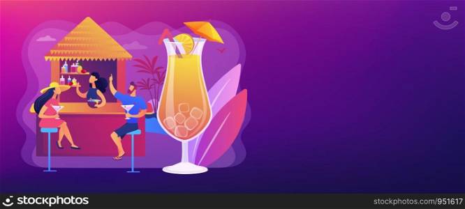Bartender in beach bar and tourists drinking cocktails in tropical resort, tiny people. Beach bar, sea coast restaurant, beach club service concept. Header or footer banner template with copy space.. Beach bar concept banner header.