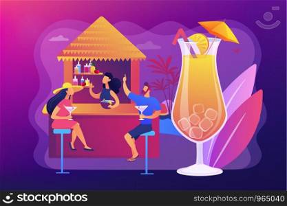 Bartender in beach bar and tourists drinking cocktails in tropical resort, tiny people. Beach bar, sea coast restaurant, beach club service concept. Bright vibrant violet vector isolated illustration. Beach bar concept vector illustration.