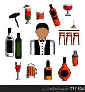 Bartender profession icons with bar counter, alcohol bottles and shaker, corkscrew and cocktails, beer tankard and wine glass, barman in uniform with bow tie. Bartender profession, cocktails and drinks