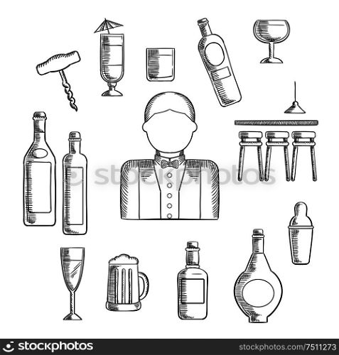 Bartender profession with bar counter, alcohol bottles, shaker, corkscrew, cocktails, beer tankard, wine glass and male in uniform with bow tie. Bartender with alcohol and cocktails