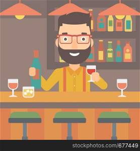 Bartender standing at the bar counter and holding a bottle and a glass in hands vector flat design illustration. Square layout.. Bartender standing at the bar counter.