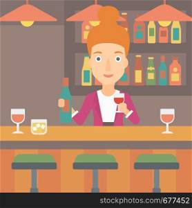 Bartender standing at the bar counter and holding a bottle and a glass in hands vector flat design illustration. Square layout.. Bartender standing at the bar counter.