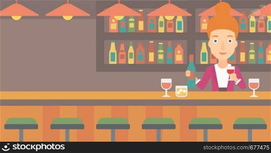 Bartender standing at the bar counter and holding a bottle and a glass in hands vector flat design illustration. Horizontal layout.. Bartender standing at the bar counter.