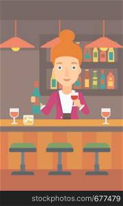 Bartender standing at the bar counter and holding a bottle and a glass in hands vector flat design illustration. Vertical layout.. Bartender standing at the bar counter.