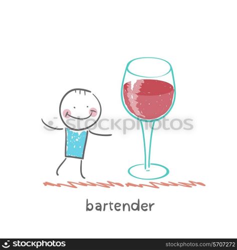 bartender stands next to a large glass of wine