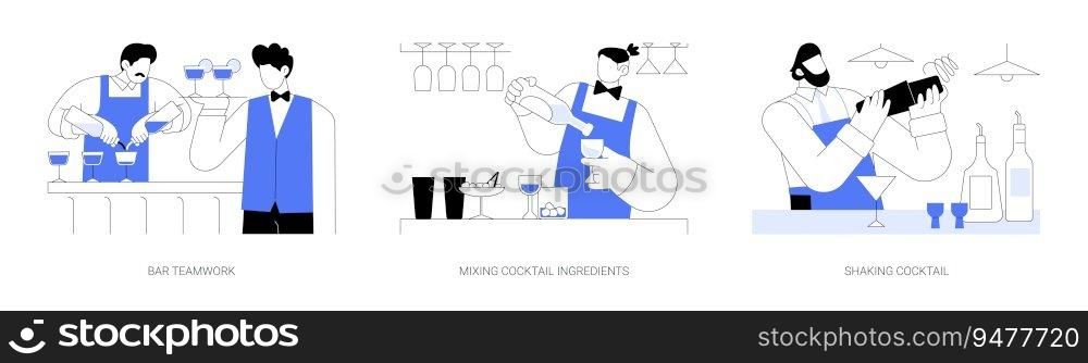 Bartender work abstract concept vector illustration set. Bar teamwork, mixing cocktail ingredients, shaking cocktail, mojito preparation, waiter holding tray, restaurant staff abstract metaphor.. Bartender work abstract concept vector illustrations.