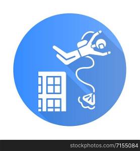 Base jumping blue flat design long shadow glyph icon. Parachuting. Skydiver, parachutist jumping from skyscraper, high rise building. Extreme sport freefall stunt. Vector silhouette illustration