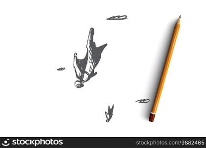 BASE jumping, extreme, wingsuit, fall, skydiving concept. Hand drawn man flying with wingsuit concept sketch. Isolated vector illustration.. BASE jumping, extreme, wingsuit, fall, skydiving concept. Hand drawn isolated vector.
