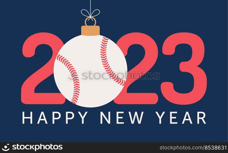 Baseball 2023 Happy New Year. Sports greeting card with baseball ball on the flat background. Vector illustration.