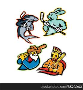 Baseball and Ice Hockey Team Mascots Collection. Mascot icon illustration set of baseball and ice hockey team mascots showing a hammerhead shark and jackrabbit or hare ice hockey player, miner and Trojan or Spartan warrior baseball player viewed from side on isolated background in retro style.. Baseball and Ice Hockey Team Mascots Collection