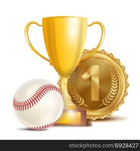 Baseball Award Vector. Sport Banner Background. White Ball With Red Stitches, Gold Winner Trophy Cup, Golden 1st Place Medal. 3D Realistic Isolated Illustration. Baseball Achievement Award Vector. Sport Banner Background. White Ball, Red Stitches, Winner Cup, Golden 1st Place Medal. Realistic Isolated Illustration