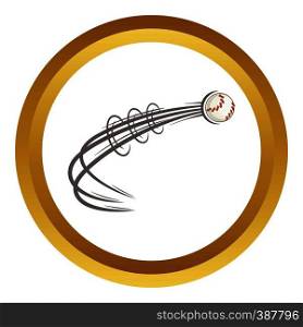 Baseball ball fly vector icon in golden circle, cartoon style isolated on white background. Baseball ball fly vector icon