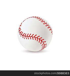 Baseball ball. Realistic sport equipment for game, white leather with red lace stitches 3d round softball, american athletic professional balls with seams vector isolated single closeup illustration. Baseball ball. Realistic sport equipment for game, white leather with red lace stitches 3d softball, athletic professional balls with seams vector isolated single closeup illustration