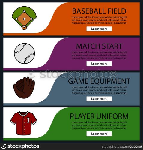 Baseball banner templates set. Easy to edit. Softball field, mitt, ball and shirt. Website menu items. Color web banner. Vector headers design concepts. Baseball banner templates set