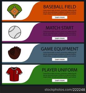 Baseball banner templates set. Easy to edit. Softball field, mitt, ball and shirt. Website menu items. Color web banner. Vector headers design concepts. Baseball banner templates set