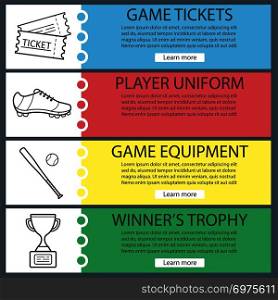 Baseball banner templates set. Softball bat and ball, winner&rsquo;s award, player&rsquo;s shoe, game tickets. Website menu items with linear icons. Color web banner. Vector headers design concepts. Baseball banner templates set