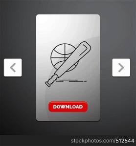 baseball, basket, ball, game, fun Line Icon in Carousal Pagination Slider Design & Red Download Button. Vector EPS10 Abstract Template background