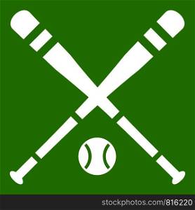 Baseball bat and ball icon white isolated on green background. Vector illustration. Baseball bat and ball icon green