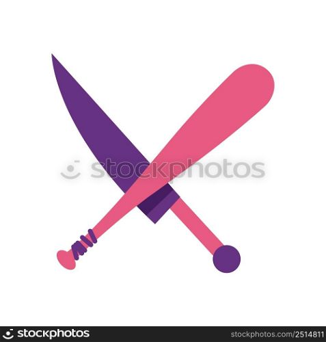 Baseball bat and sword semi flat color vector object. Full sized item on white. Fighter spirit. Fearless personality. Simple cartoon style illustration for web graphic design and animation. Baseball bat and sword semi flat color vector object