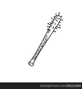 Baseball bat with spikes. Weapon of marauder and bandit. Stick with sharp nails. Outline cartoon illustration isolated on white. Baseball bat with spikes. Weapon of marauder