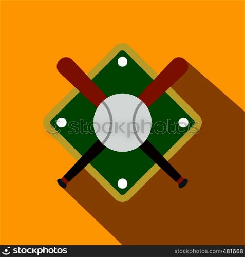 Baseball bats and ball on baseball field flat icon on a yellow background. Baseball bats and ball on baseball field icon
