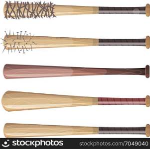 Baseball Bats Set. Illustration of a set of american baseball wooden bats, made with wood and some with nails and barbed wire