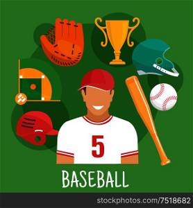 Baseball batter in sporting uniform and cap flat icon for sports competition design usage with symbols of ball, bat, protective helmets and catcher glove, trophy cup and baseball field. Baseball game icon with batter and sporting items