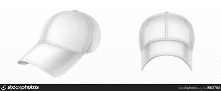 Baseball cap front and angle view. Vector realistic mockup of blank white hat with stitches, visor and snap on peak. Sport uniform cap for protection head of sun isolated on transparent background. Vector mockup of blank white baseball cap
