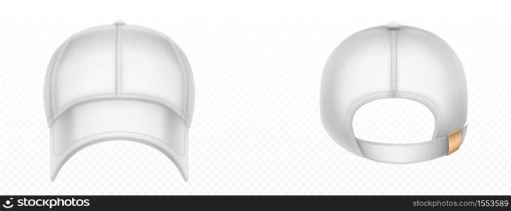 Baseball cap front and back view. Vector realistic mockup of blank white hat with stitches, visor and snap on peak. Sport uniform cap for protection head of sun isolated on transparent background. Vector mockup of blank white baseball cap