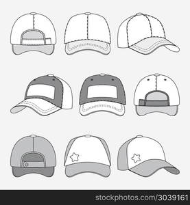 Baseball cap front back and side view outline vector template. Baseball cap front back and side view outline vector. Template of caps, illustration of cap for sport