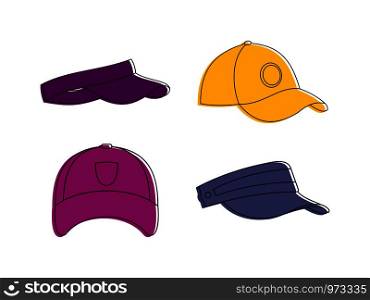 Baseball cap icon set. Color outline set of baseball cap vector icons for web design isolated on white background. Baseball cap icon set, color outline style