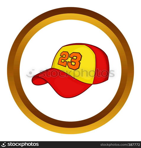 Baseball cap vector icon in golden circle, cartoon style isolated on white background. Baseball cap vector icon