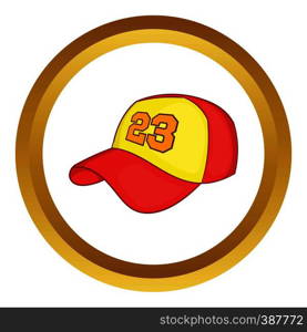 Baseball cap vector icon in golden circle, cartoon style isolated on white background. Baseball cap vector icon