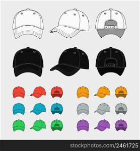 Baseball cap vector template set. Uniform fashion, blank hat, design sport clothing. Vector illustration. Baseball cap vector template