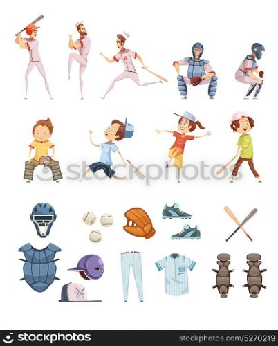 Baseball Cartoon Retro Style Icons Set . Baseball icons set in cartoon retro style with playing men and kids sports equipment isolated vector illustration