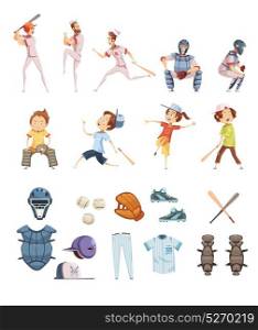 Baseball Cartoon Retro Style Icons Set . Baseball icons set in cartoon retro style with playing men and kids sports equipment isolated vector illustration