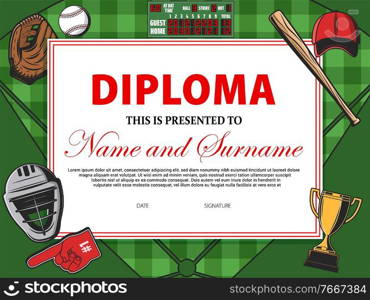 Baseball certificate, sport award diploma and cup winner appreciation, vector template border. Baseball tournament sport victory certificate and honor diploma with scoreboard and golden trophy cup. Baseball certificate, sport award diploma, winner