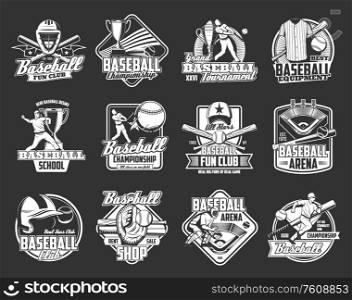 Baseball championship cup and sport fan club vector icons. Softball game school team or university league badge emblems with baseball bat and ball, professional player and batter equipment. Baseball sport league badge, softball championship